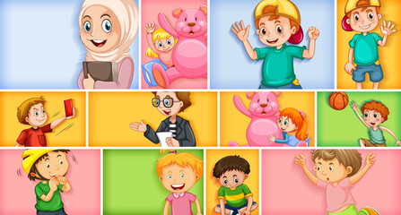 Set of different kid characters on different color background