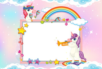 Blank banner with cute unicorn in the pastel sky background