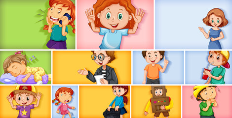 Set of different kid characters on different color background