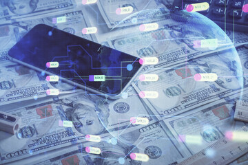 Double exposure of data theme drawing over us dollars bill background. Technology concept.