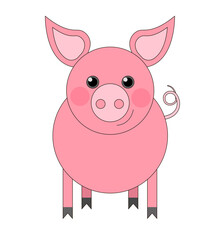 The animal is a flat pink pig, in the form of a circle. Drawing isolated on white background. Stock vector illustration.