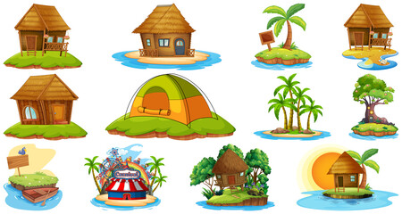Set of different bangalows and island beach theme and amusement park isolated on white background