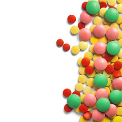 pile of medical pills  in red, blue colors in  silver plastic packaging