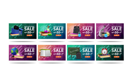 Back to school sale, large collection of colorful discount banners with buttons, icons of school supplies and geometric texture on background. Bright discount banners