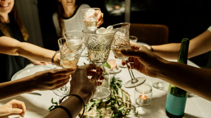 Friends making celebratory toast during dinner