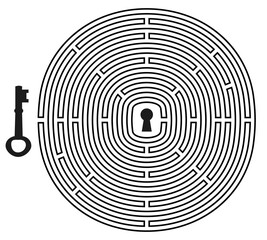 Labyrinth vector. with key and keyhole symbol. Circle maze game illustration