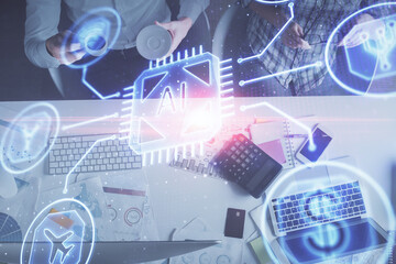 Double exposure of man and woman working together and data theme hologram drawing. Computer background. Top View.