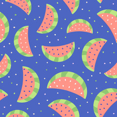 seamless pattern of pink watermelon slices on a blue background. Watermelon berry pattern.Colorful summer fruit pattern. Vector illustration. Flat style