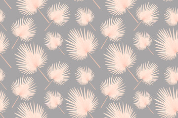 Vector seamless pattern with compositions of tropical leaves on a gray background. Beautiful summer design for printing postcards, fabrics, invitations, bedding, wrapping paper, textiles.