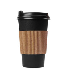 Takeaway paper coffee cup with cardboard sleeve isolated on white