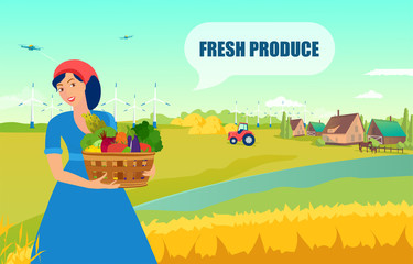Vector of a smiling female farmer holding a crate with fresh vegetables and fruits