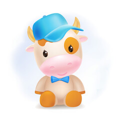 Cute baby bull sitting and smiling. Little cow   with blue cap on a soft pastel cloud.