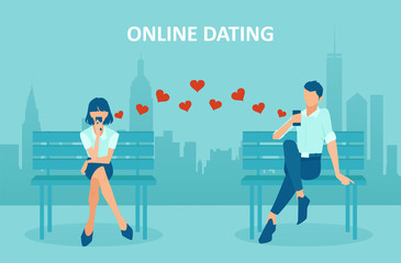 Vector of a young woman and a man chatting via mobile app