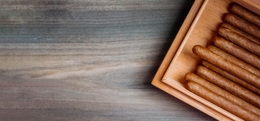 Cigars in humidor on the wooden background banner