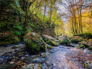 Slovenia, Soca river flowing between mossy boulders in autumn forest