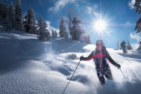 Senior man during ski tour, Inzell, Kienberg, Germany