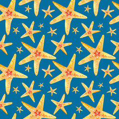 Fototapeta na wymiar Watercolor seamless patterns hand-drawn with orange starfishes on a blue background. Perfect for postcards, patterns, banners, posters, nautical wallpapers, gift wrapping or clothing prints