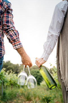 Cropped image of couple holding wineglasses and wine bottle at vineyard against clear sky