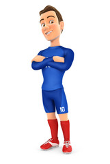 Fototapeta na wymiar 3d soccer player blue jersey standing with arms crossed