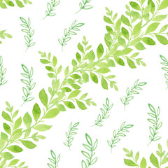 Seamless background with floral ornaments. A pattern of green intertwining leaves. Diagonal ornament. Green watercolor leaves on a belm background. Delicate background.