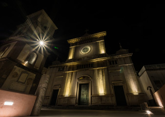 The church of the city of Positano at night. Positano duomo on Amalfi coast.