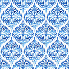 Ogee seamless pattern. White and blue watercolor illustration. Print for home textiles.