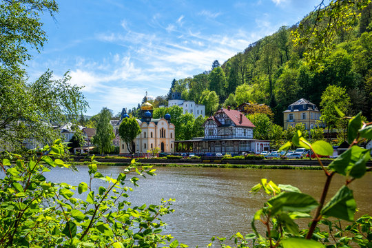 Germany, Rhineland-Palatinate, Bad Ems, Riverside town on sunny day