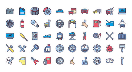 repair service and car line and fill style icon vector design