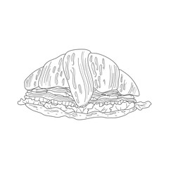 Breakfast. Filled croissant. Sandwich. Vector black and white illustration.
