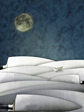 Abstract scene with paper boat crossing a sea knives