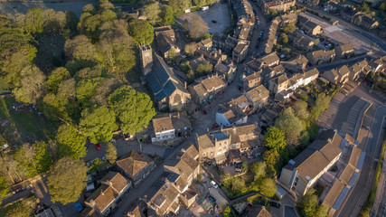 Aerial Shot of Haworth main street, near Keighley, West Yorkshire home of the Bronte Sisters