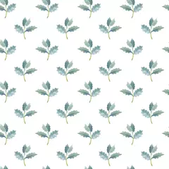 Foto op Plexiglas Seamless pattern with green holly leaves. Hand drawn watercolor illustration. Isolated on white background © Elena