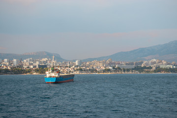 Oil tanker anchored in the area in front of Split, Croatia harbour, town seen in the distance. Second largest city in the republic of croatia