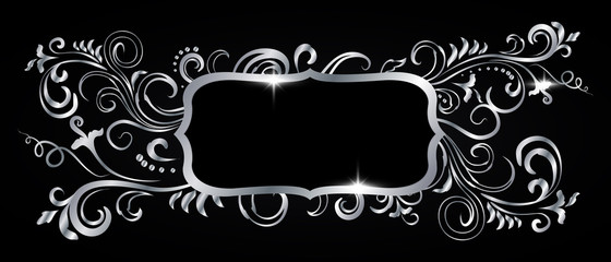 Silver shiny glowing ornate frame isolated over black