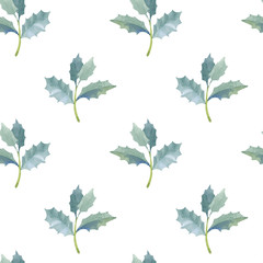 Seamless pattern with green holly leaves. Hand drawn watercolor illustration. Isolated on white background