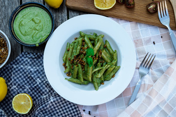 Italian penne pesto meal for one outdoors