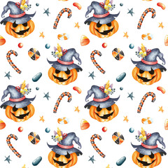 Halloween seamless themed pattern.  Pumpkin, hat, candy, hearts, and stars on white backdrop. Watercolor illustration. For textile, gift wrapping paper, product packages, scrapbook, creative projects.