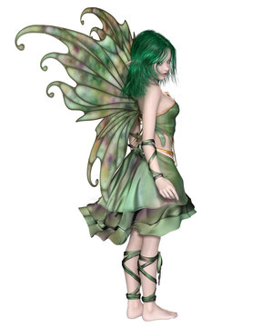 Fantasy illustration of a cute and pretty fairy with green hair, dress and wings, 3d digitally rendered illustration
