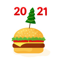 2021 fast food, cheeseburger with Christmas tree. Holiday banner for New Year. Vector illustration