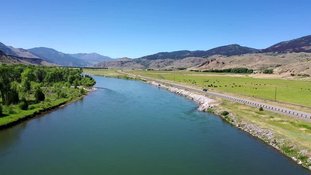 aerial view over the Yellowstone river in Montana 