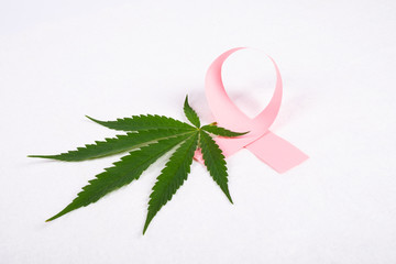 Pink ribbon with leaf of plant marijuana isolated on white background, breast cancer symbol. Using...