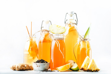 Selection Of Fermented Kombucha Drinks. Homemade probiotic superfood tea, keto diet drink, tepache,...