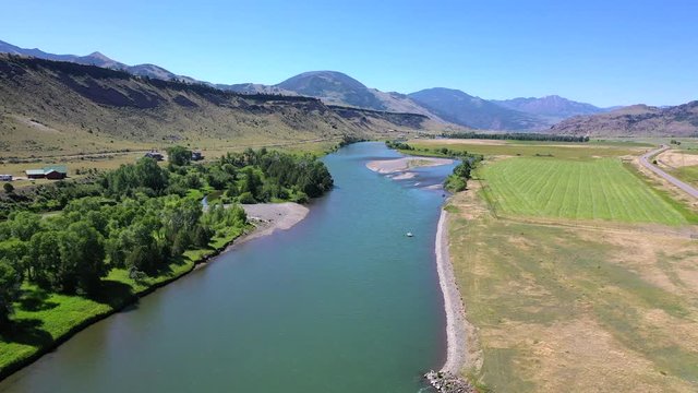aerial view over the Yellowstone river in Montana 
