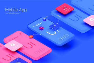 Mobile application design. Mobile phone mockup with a set of tools for creating a user interface. Layered illustration with mobile phones and mobile application parts. Isometric style