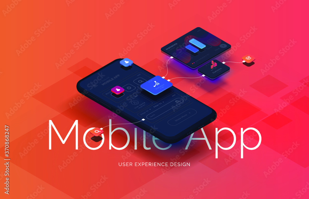 Poster black smartphone with mobile app interface design. user interface user experience development. moder