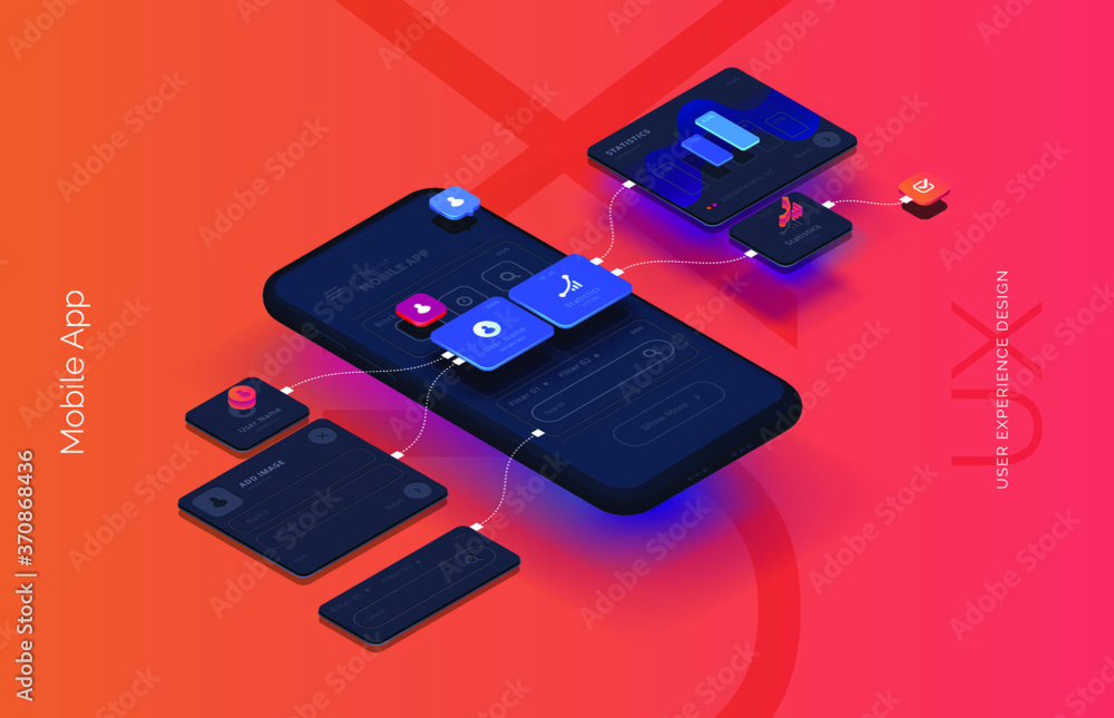 Poster black smartphone with mobile app interface design. user interface user experience development. moder
