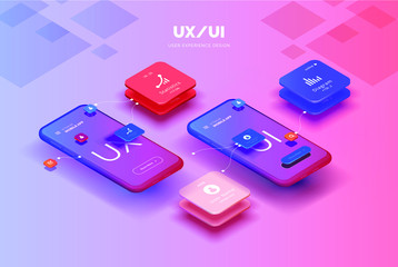 Toolkit-UI/UX scene creator. Mobile application design. Smartphone mockup with active blocks and connections. Creation of the user interface. Modern vector illustration isometric style