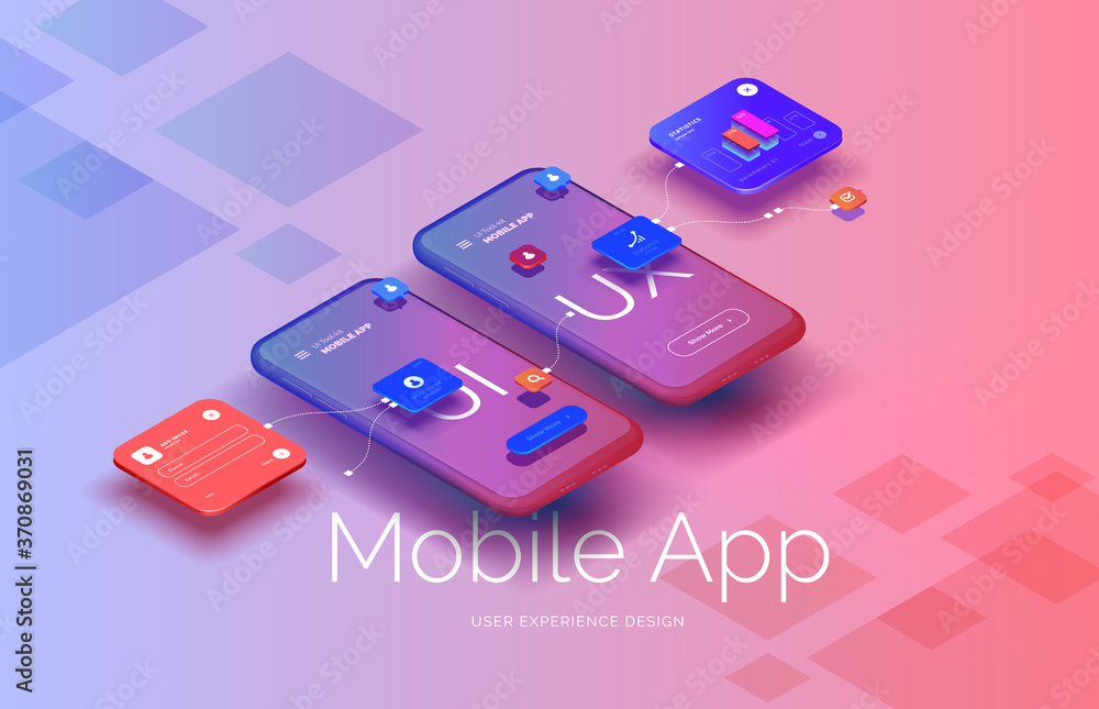 Poster mobile application design. smartphone mockup with active blocks and connections. creation of the use
