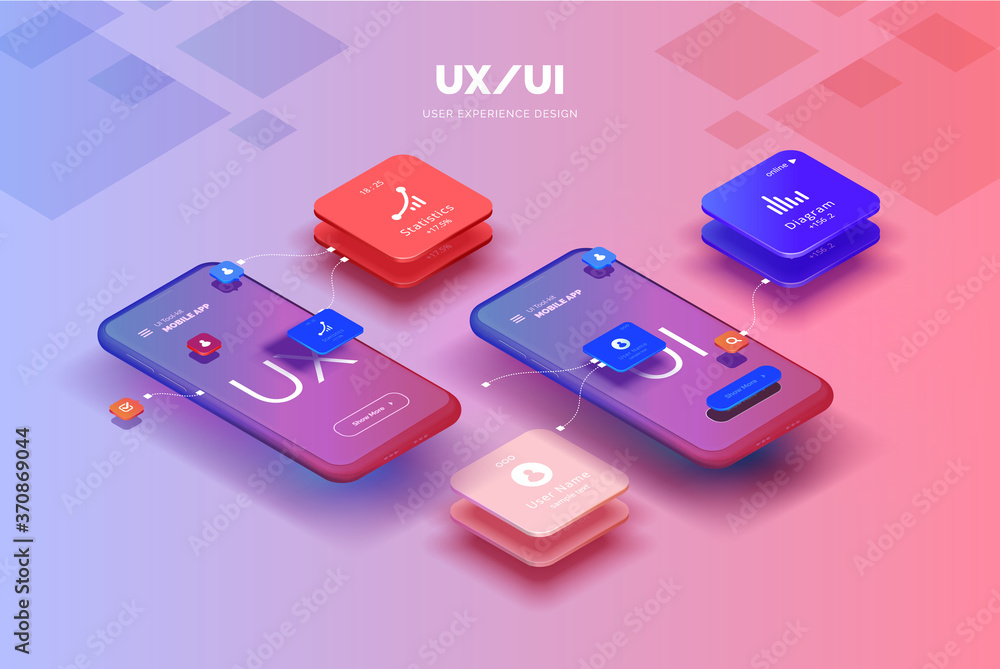 Poster Toolkit-UI/UX scene creator. Mobile application design. Smartphone mockup with active blocks and connections. Creation of the user interface. Modern vector illustration isometric style