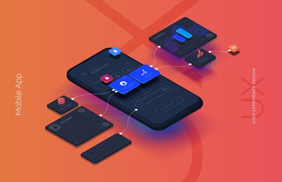 Black smartphone with mobile app interface design. User interface user experience development. Modern vector illustration isometric style